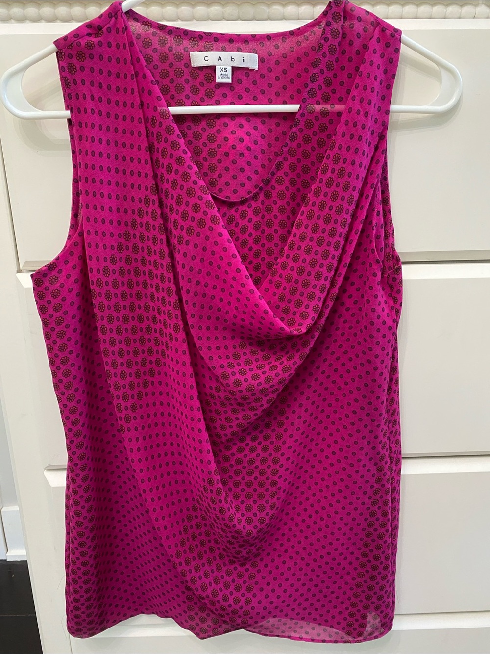 CAbi Fuchsia Draped Sleeveless Camisole with Black Dot Print
